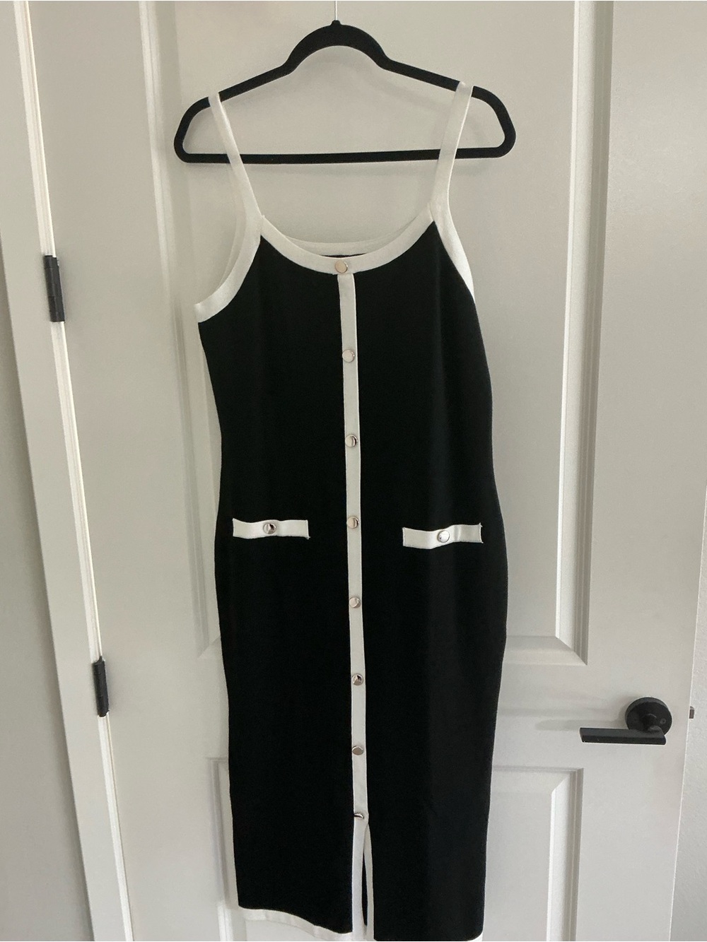 NWT, LADIES BLACK KNIT MIDI DRESS WITH WHITE TRIM